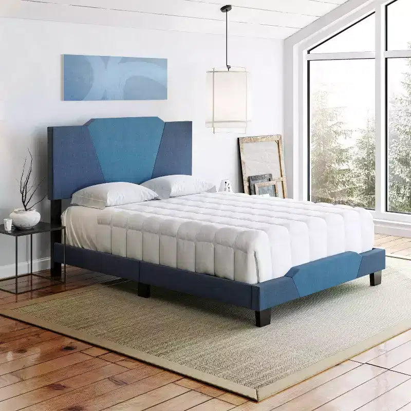 Cama de plataforma tapizada de lino azul Sydney completa - Eco Dream: Cabecero con forma de diamante, soporte de listones transversales cuádruples
