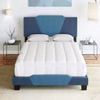 Cama de plataforma tapizada de lino azul Sydney completa - Eco Dream: Cabecero con forma de diamante, soporte de listones transversales cuádruples