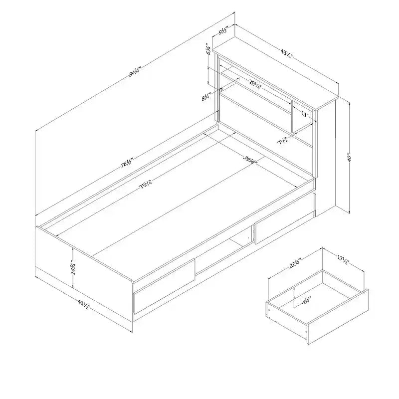 Juego de cama individual y cabecero South Shore Nordik Oak: almacenamiento de 6 compartimentos, aglomerado laminado