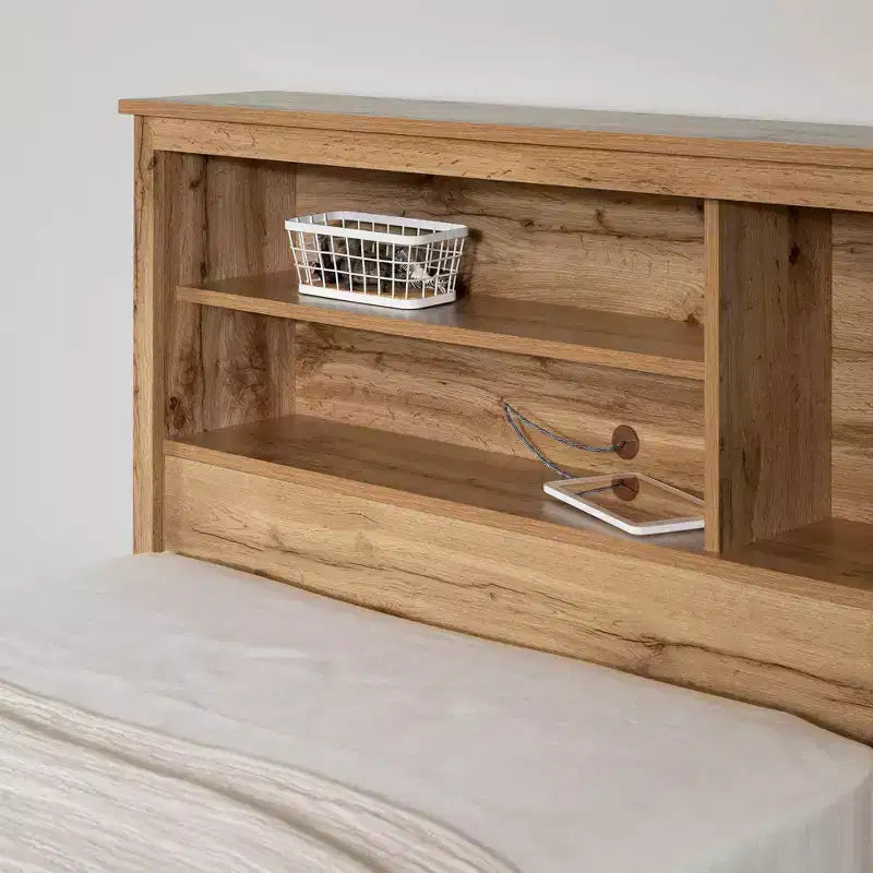 Juego de cama individual y cabecero South Shore Nordik Oak: almacenamiento de 6 compartimentos, aglomerado laminado