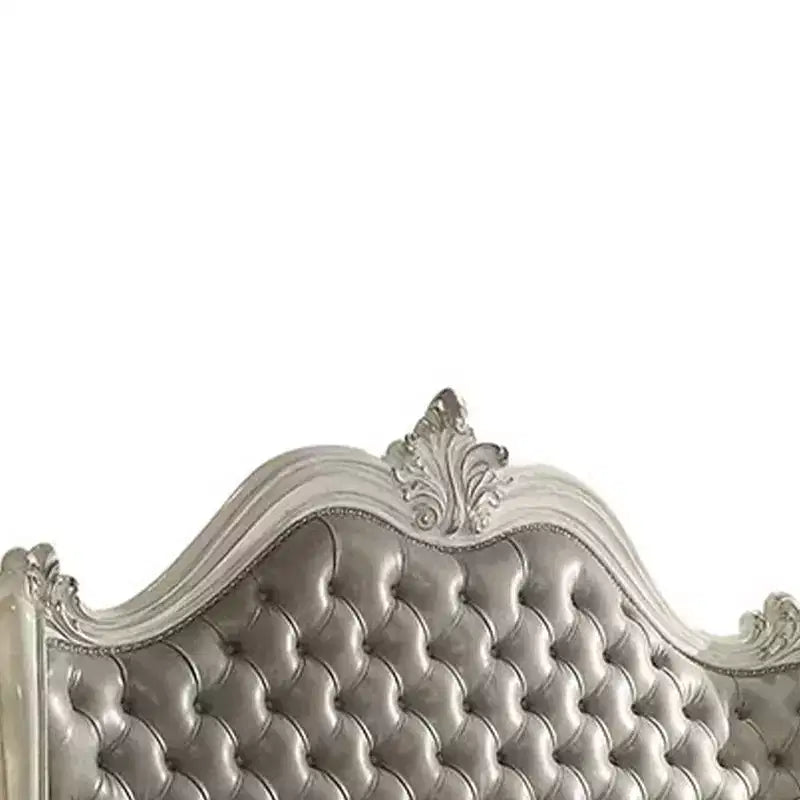Cama Queen de 95" Versalles, piel sintética gris vintage y acabado blanco hueso - Acme Furniture