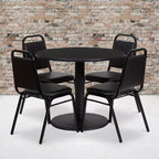 Juego de mesa redonda laminada Flash Furniture de 36 pulgadas con base redonda y 4 sillas de banquete con respaldo trapezoidal