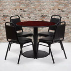 Juego de mesa redonda laminada Flash Furniture de 36 pulgadas con base redonda y 4 sillas de banquete con respaldo trapezoidal
