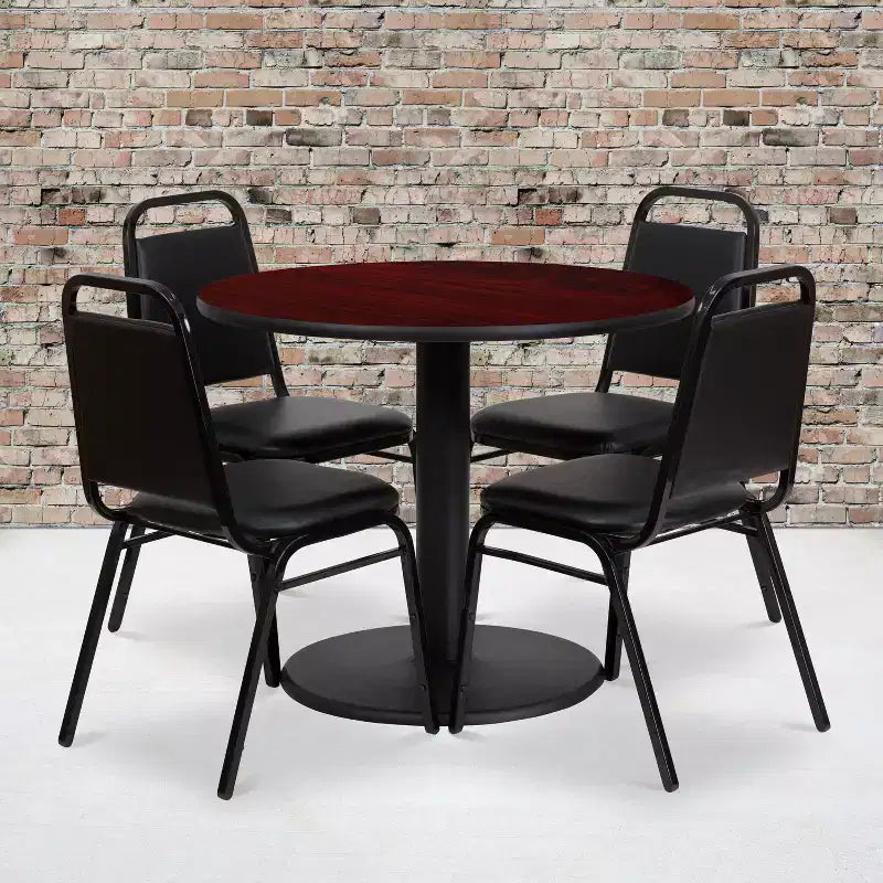 Juego de mesa redonda laminada Flash Furniture de 36 pulgadas con base redonda y 4 sillas de banquete con respaldo trapezoidal