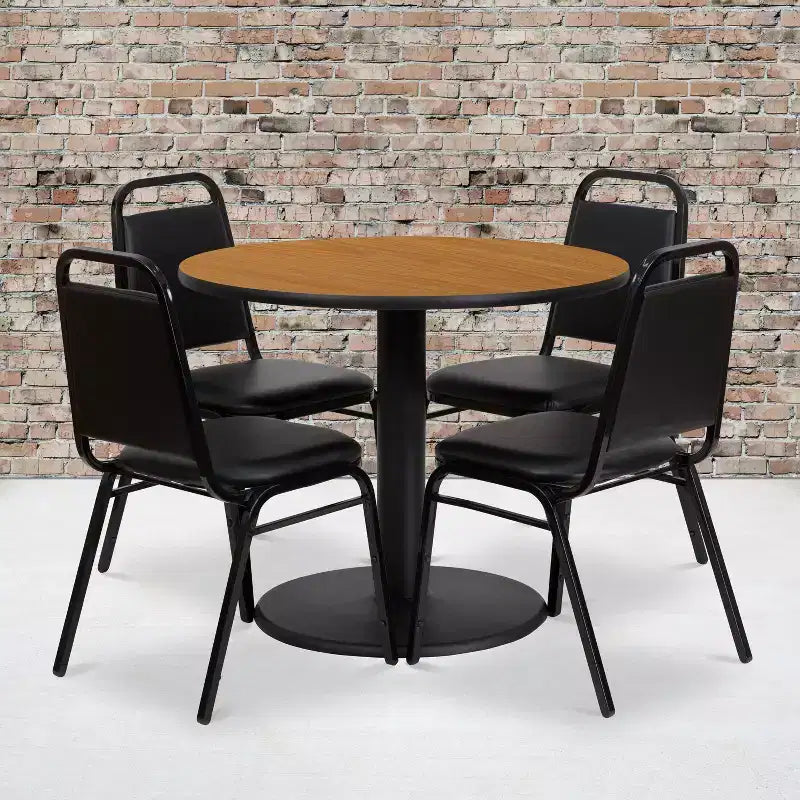 Juego de mesa redonda laminada Flash Furniture de 36 pulgadas con base redonda y 4 sillas de banquete con respaldo trapezoidal