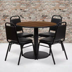 Juego de mesa redonda laminada Flash Furniture de 36 pulgadas con base redonda y 4 sillas de banquete con respaldo trapezoidal