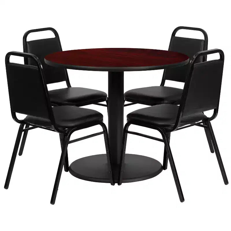 Juego de mesa redonda laminada Flash Furniture de 36 pulgadas con base redonda y 4 sillas de banquete con respaldo trapezoidal