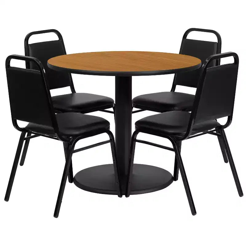 Juego de mesa redonda laminada Flash Furniture de 36 pulgadas con base redonda y 4 sillas de banquete con respaldo trapezoidal