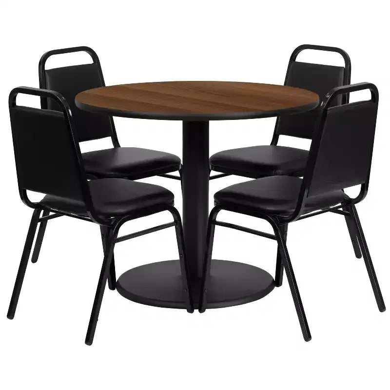 Juego de mesa redonda laminada Flash Furniture de 36 pulgadas con base redonda y 4 sillas de banquete con respaldo trapezoidal