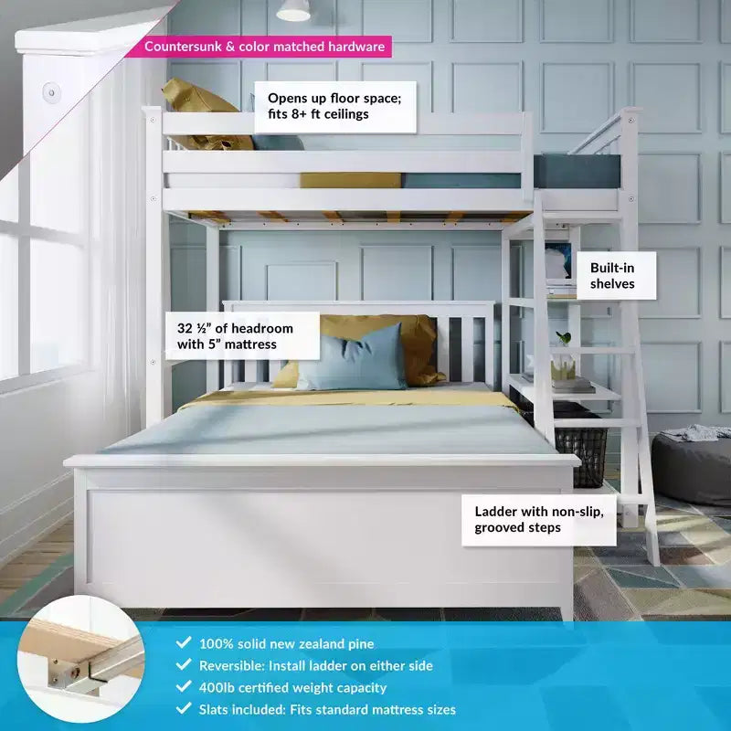 Litera en forma de L de madera maciza Max & Lily, doble sobre matrimonial con estantería para niños