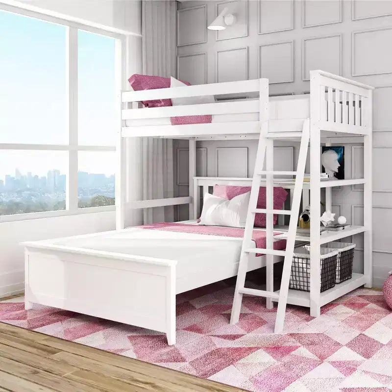 Litera en forma de L de madera maciza Max & Lily, doble sobre matrimonial con estantería para niños