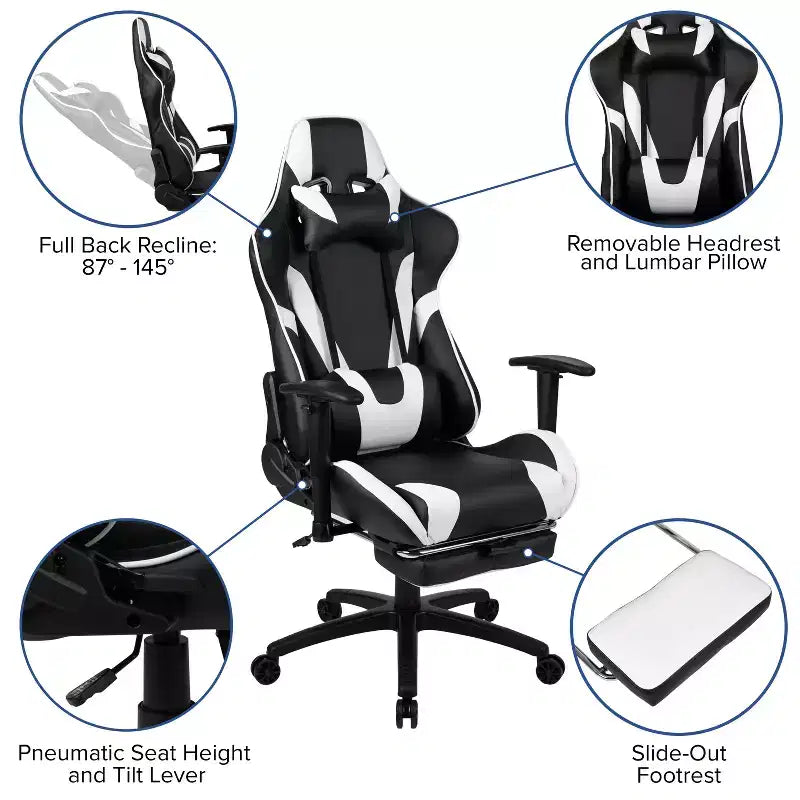 Silla de juego Flash Furniture X30 Silla ergonómica de oficina tipo carreras para computadora con respaldo totalmente reclinable y reposapiés deslizable en LeatherSoft rojo
