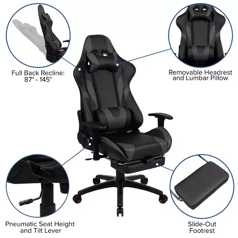 Silla de juego Flash Furniture X30 Silla ergonómica de oficina tipo carreras para computadora con respaldo totalmente reclinable y reposapiés deslizable en LeatherSoft rojo