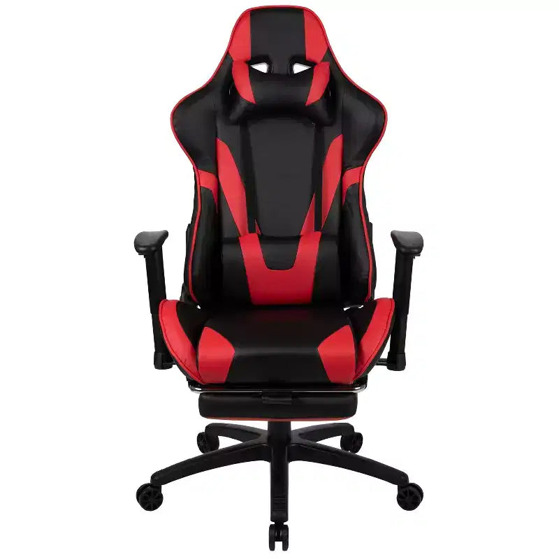 Silla de juego Flash Furniture X30 Silla ergonómica de oficina tipo carreras para computadora con respaldo totalmente reclinable y reposapiés deslizable en LeatherSoft rojo