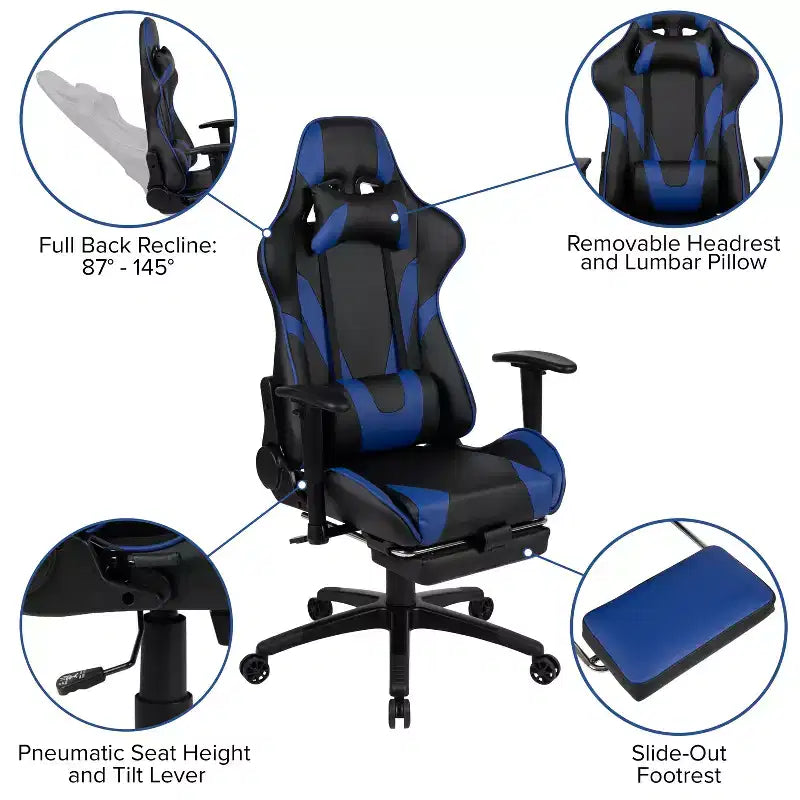 Silla de juego Flash Furniture X30 Silla ergonómica de oficina tipo carreras para computadora con respaldo totalmente reclinable y reposapiés deslizable en LeatherSoft rojo