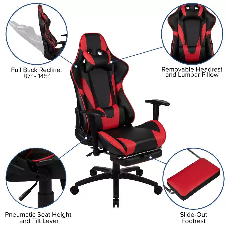 Silla de juego Flash Furniture X30 Silla ergonómica de oficina tipo carreras para computadora con respaldo totalmente reclinable y reposapiés deslizable en LeatherSoft rojo