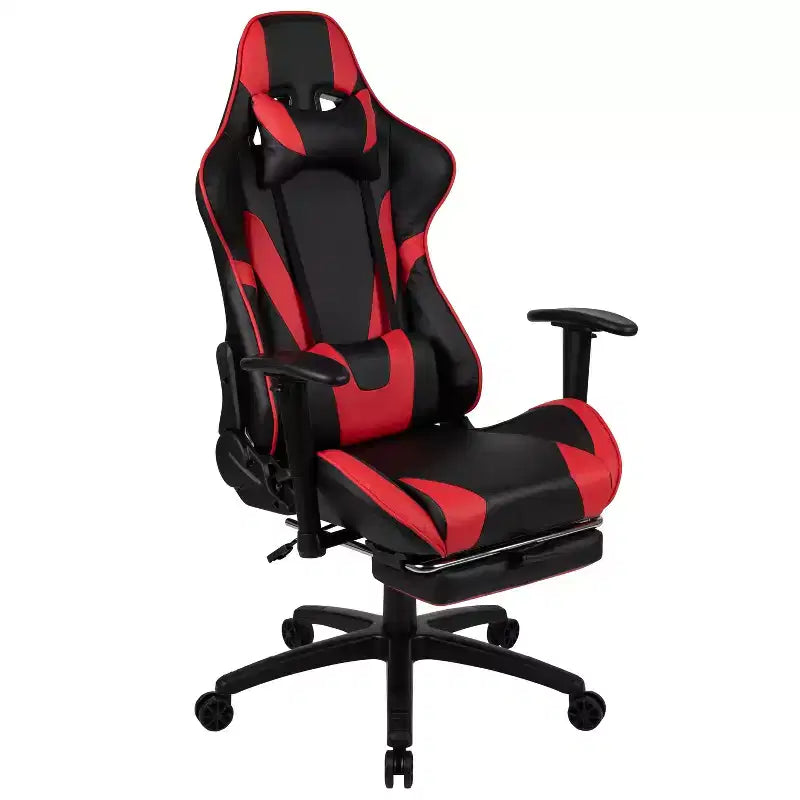 Silla de juego Flash Furniture X30 Silla ergonómica de oficina tipo carreras para computadora con respaldo totalmente reclinable y reposapiés deslizable en LeatherSoft rojo