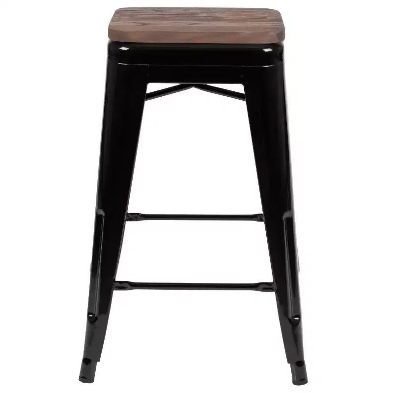 Flash Furniture Taburete de barra de metal de 24 pulgadas de alto, altura de mostrador, para interiores con asiento de madera - Juego apilable de 4 unidades
