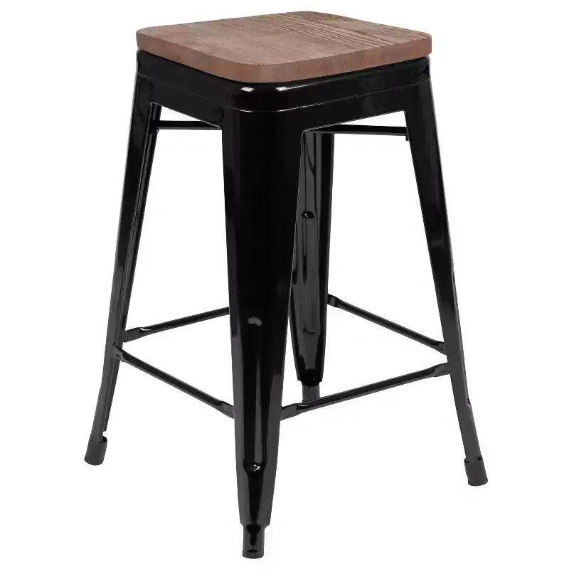 Flash Furniture Taburete de barra de metal de 24 pulgadas de alto, altura de mostrador, para interiores con asiento de madera - Juego apilable de 4 unidades