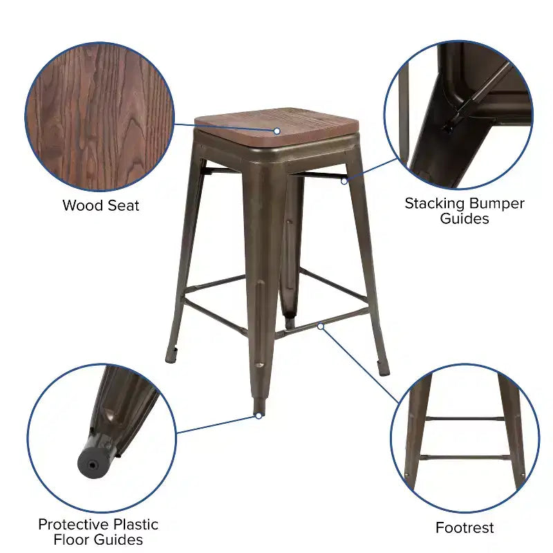 Flash Furniture Taburete de barra de metal de 24 pulgadas de alto, altura de mostrador, para interiores con asiento de madera - Juego apilable de 4 unidades