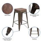 Flash Furniture Taburete de barra de metal de 24 pulgadas de alto, altura de mostrador, para interiores con asiento de madera - Juego apilable de 4 unidades