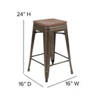 Flash Furniture Taburete de barra de metal de 24 pulgadas de alto, altura de mostrador, para interiores con asiento de madera - Juego apilable de 4 unidades