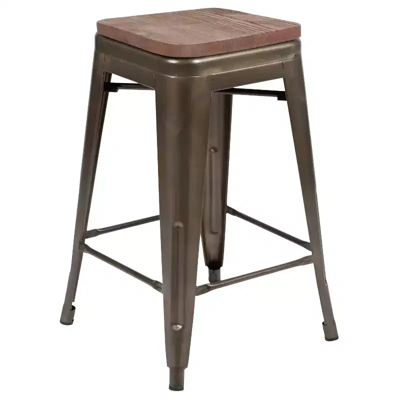 Flash Furniture Taburete de barra de metal de 24 pulgadas de alto, altura de mostrador, para interiores con asiento de madera - Juego apilable de 4 unidades