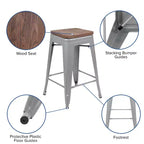 Flash Furniture Taburete de barra de metal de 24 pulgadas de alto, altura de mostrador, para interiores con asiento de madera - Juego apilable de 4 unidades