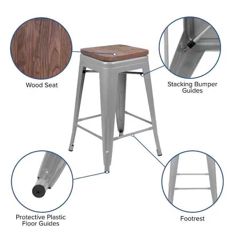 Flash Furniture Taburete de barra de metal de 24 pulgadas de alto, altura de mostrador, para interiores con asiento de madera - Juego apilable de 4 unidades