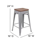 Flash Furniture Taburete de barra de metal de 24 pulgadas de alto, altura de mostrador, para interiores con asiento de madera - Juego apilable de 4 unidades