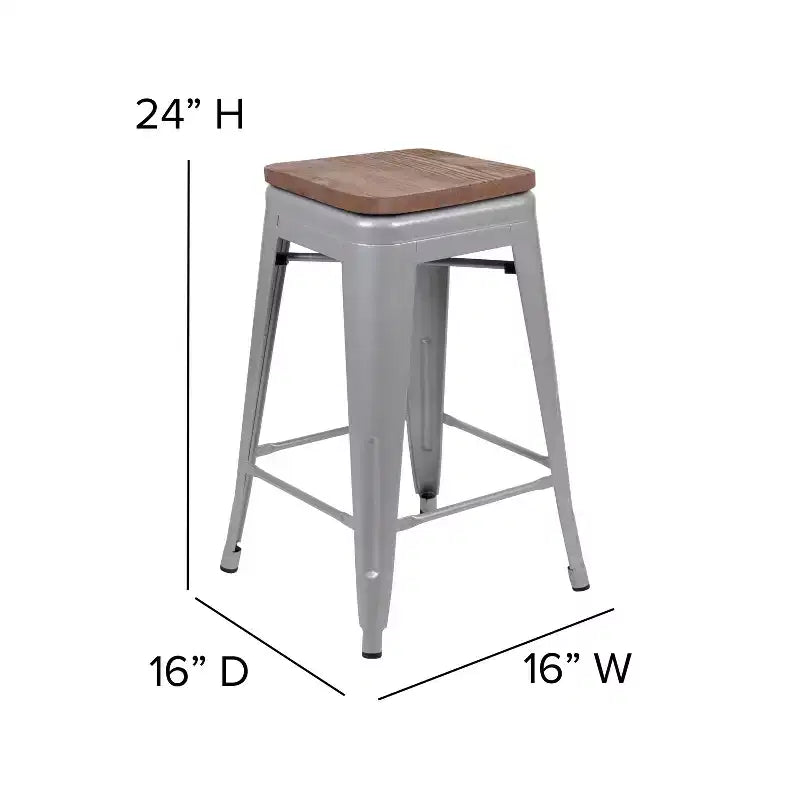 Flash Furniture Taburete de barra de metal de 24 pulgadas de alto, altura de mostrador, para interiores con asiento de madera - Juego apilable de 4 unidades