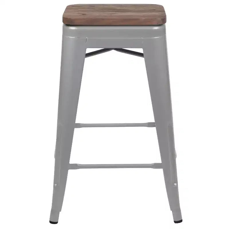 Flash Furniture Taburete de barra de metal de 24 pulgadas de alto, altura de mostrador, para interiores con asiento de madera - Juego apilable de 4 unidades