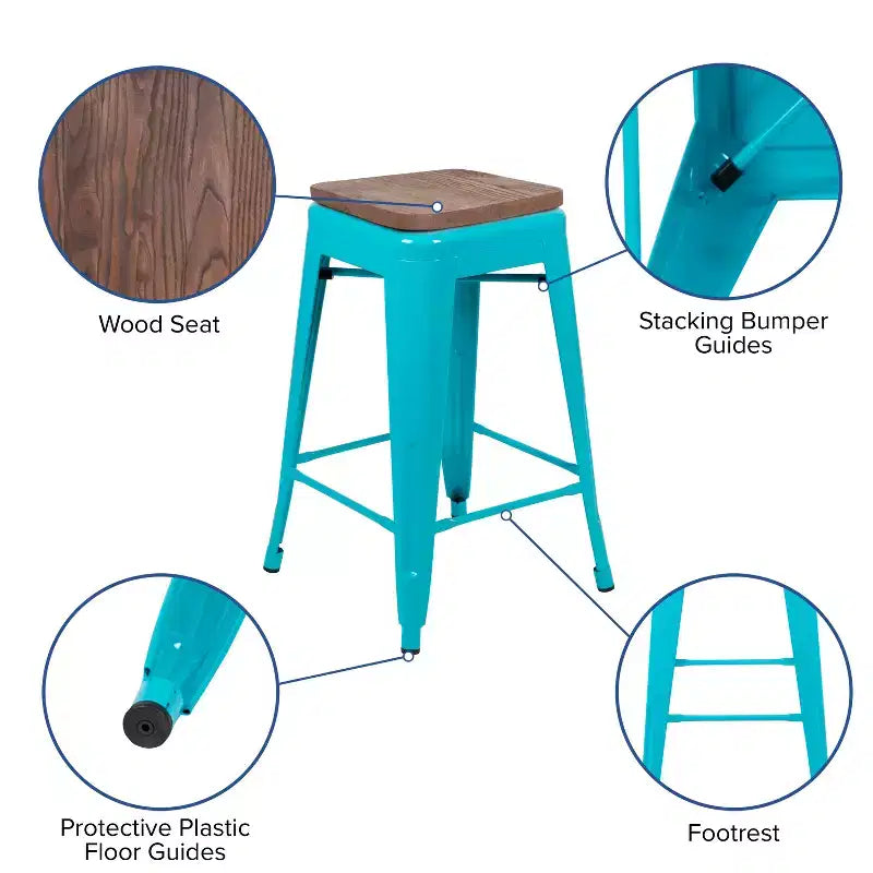 Flash Furniture Taburete de barra de metal de 24 pulgadas de alto, altura de mostrador, para interiores con asiento de madera - Juego apilable de 4 unidades