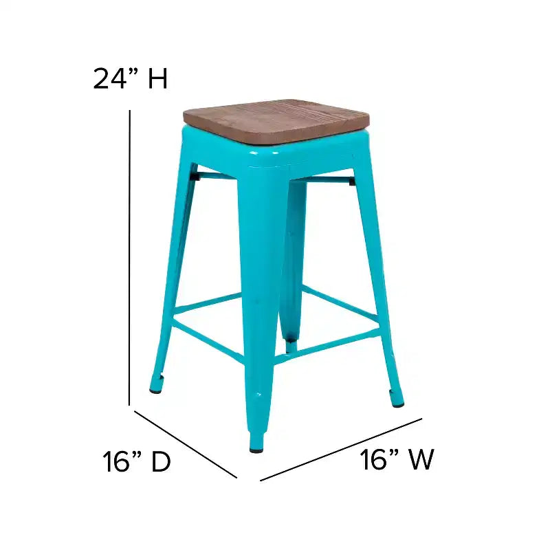 Flash Furniture Taburete de barra de metal de 24 pulgadas de alto, altura de mostrador, para interiores con asiento de madera - Juego apilable de 4 unidades