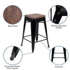 Flash Furniture Taburete de barra de metal de 24 pulgadas de alto, altura de mostrador, para interiores con asiento de madera - Juego apilable de 4 unidades