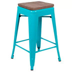 Flash Furniture Taburete de barra de metal de 24 pulgadas de alto, altura de mostrador, para interiores con asiento de madera - Juego apilable de 4 unidades