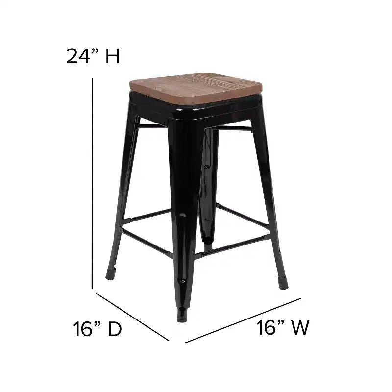 Flash Furniture Taburete de barra de metal de 24 pulgadas de alto, altura de mostrador, para interiores con asiento de madera - Juego apilable de 4 unidades