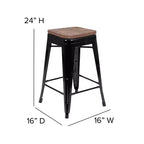 Flash Furniture Taburete de barra de metal de 24 pulgadas de alto, altura de mostrador, para interiores con asiento de madera - Juego apilable de 4 unidades