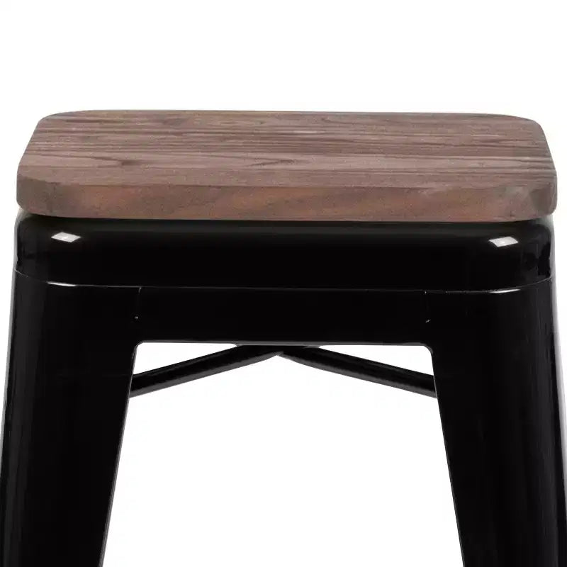 Flash Furniture Taburete de barra de metal de 24 pulgadas de alto, altura de mostrador, para interiores con asiento de madera - Juego apilable de 4 unidades