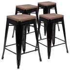 Flash Furniture Taburete de barra de metal de 24 pulgadas de alto, altura de mostrador, para interiores con asiento de madera - Juego apilable de 4 unidades