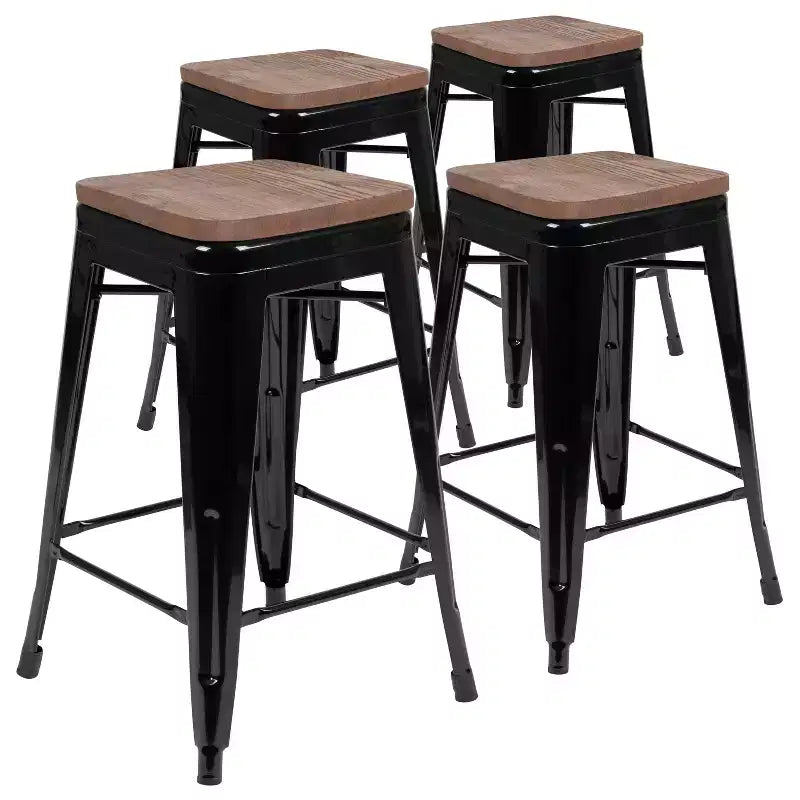 Flash Furniture Taburete de barra de metal de 24 pulgadas de alto, altura de mostrador, para interiores con asiento de madera - Juego apilable de 4 unidades