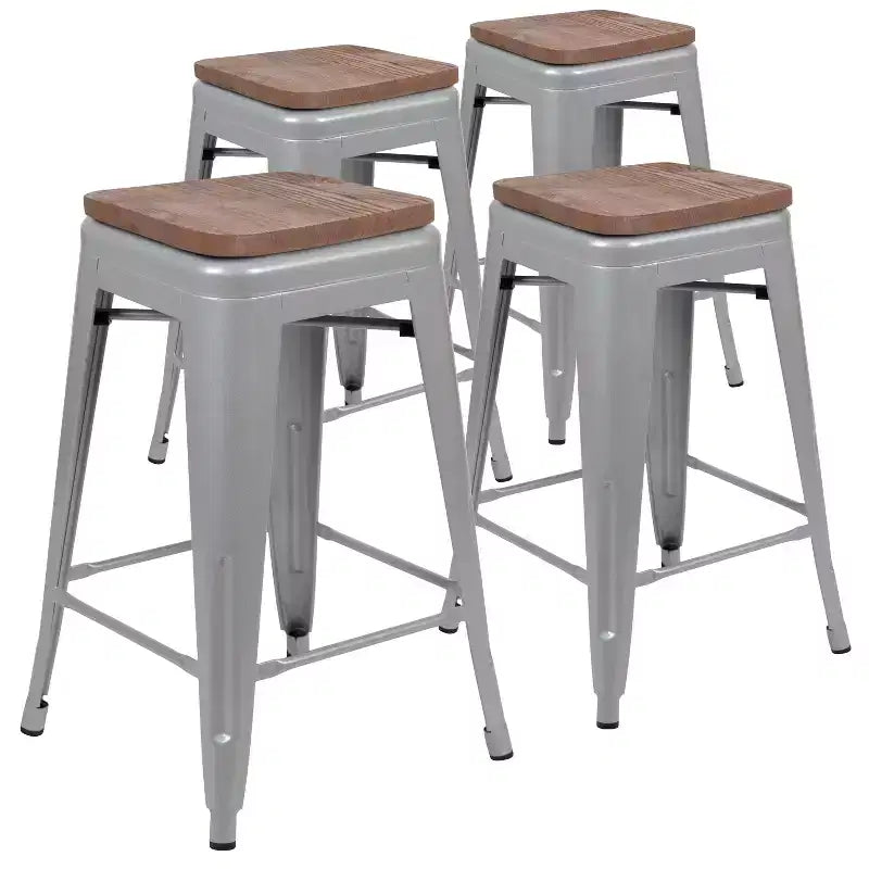 Flash Furniture Taburete de barra de metal de 24 pulgadas de alto, altura de mostrador, para interiores con asiento de madera - Juego apilable de 4 unidades