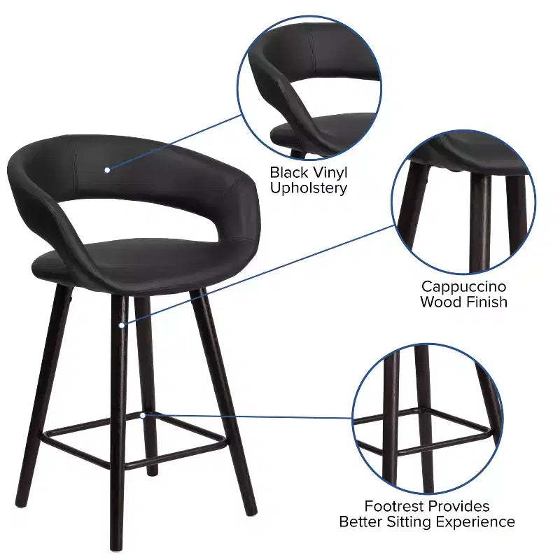 Taburete de altura de mostrador Flash Furniture Brynn Series de 24'' de alto contemporáneo de vinilo con respaldo redondeado y estructura de madera capuchino