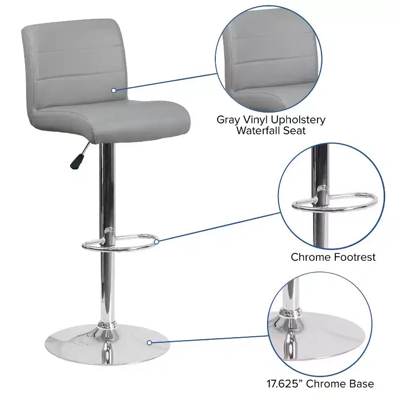 Flash Furniture Taburete de bar contemporáneo de vinilo con altura ajustable, asiento enrollado y base cromada