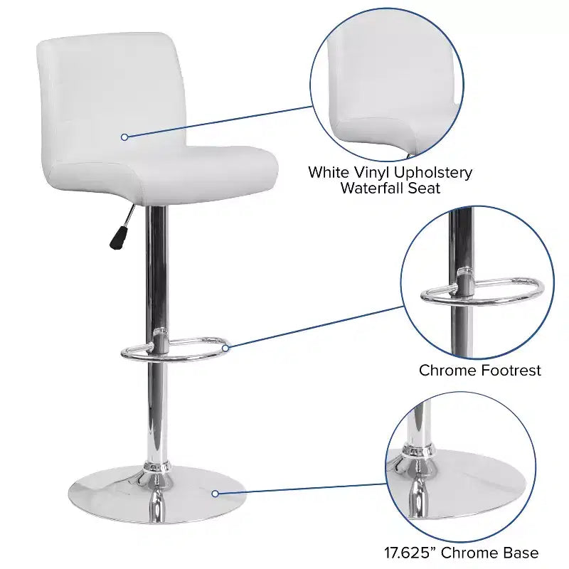Flash Furniture Taburete de bar contemporáneo de vinilo con altura ajustable, asiento enrollado y base cromada