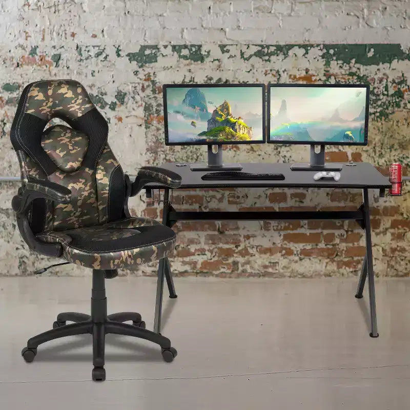 Juego de escritorio para juegos y silla de carreras Flash Furniture con portavasos, gancho para auriculares y 2 orificios para gestión de cables