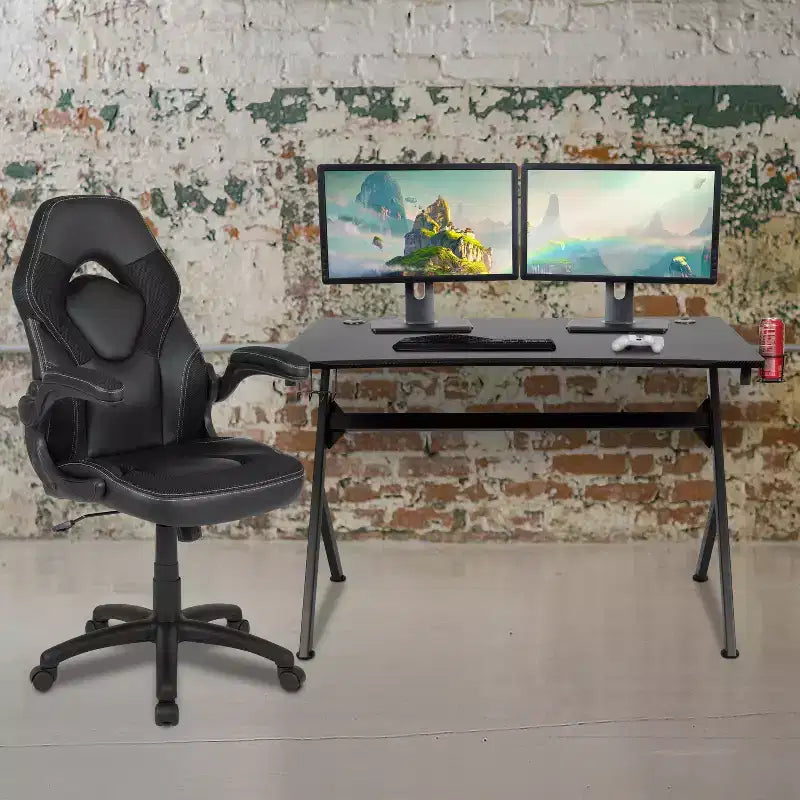 Juego de escritorio para juegos y silla de carreras Flash Furniture con portavasos, gancho para auriculares y 2 orificios para gestión de cables