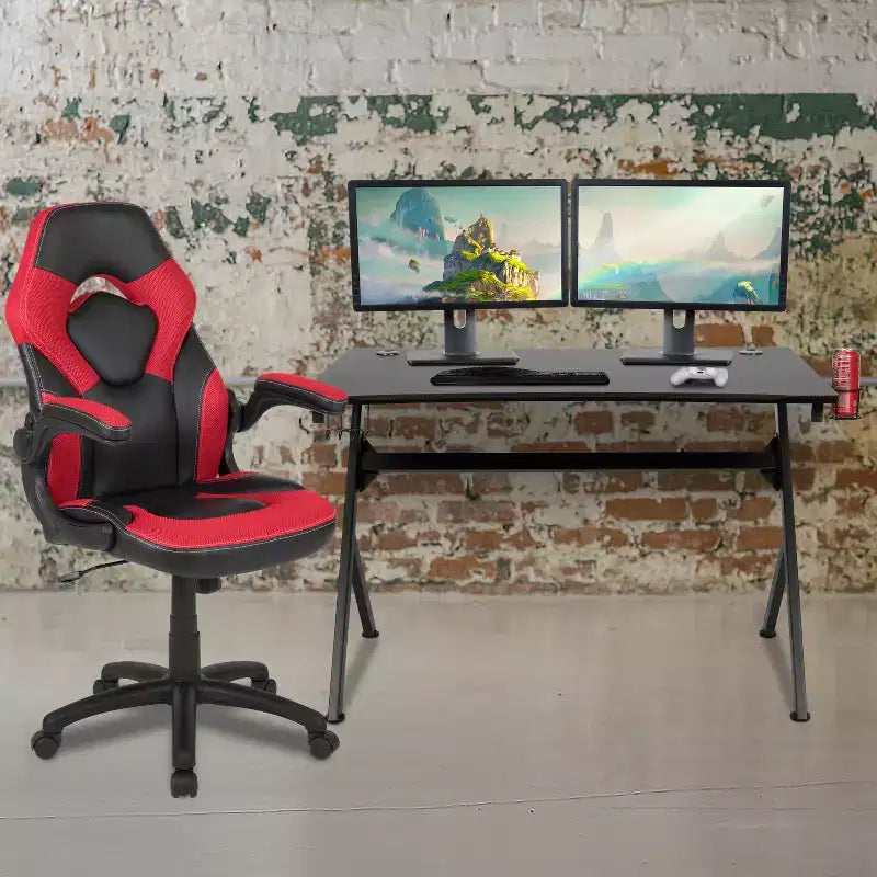 Juego de escritorio para juegos y silla de carreras Flash Furniture con portavasos, gancho para auriculares y 2 orificios para gestión de cables