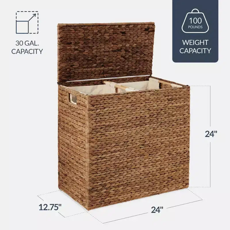Cesto doble de ropa sucia grande de jacinto de agua natural Best Choice Products con 2 bolsas interiores y asas