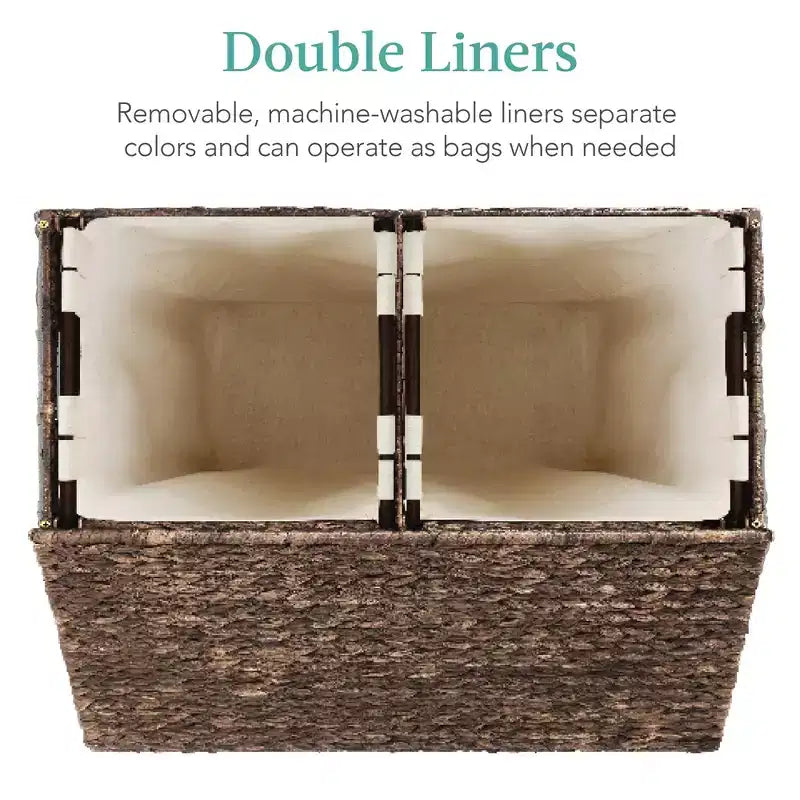 Cesto doble de ropa sucia grande de jacinto de agua natural Best Choice Products con 2 bolsas interiores y asas